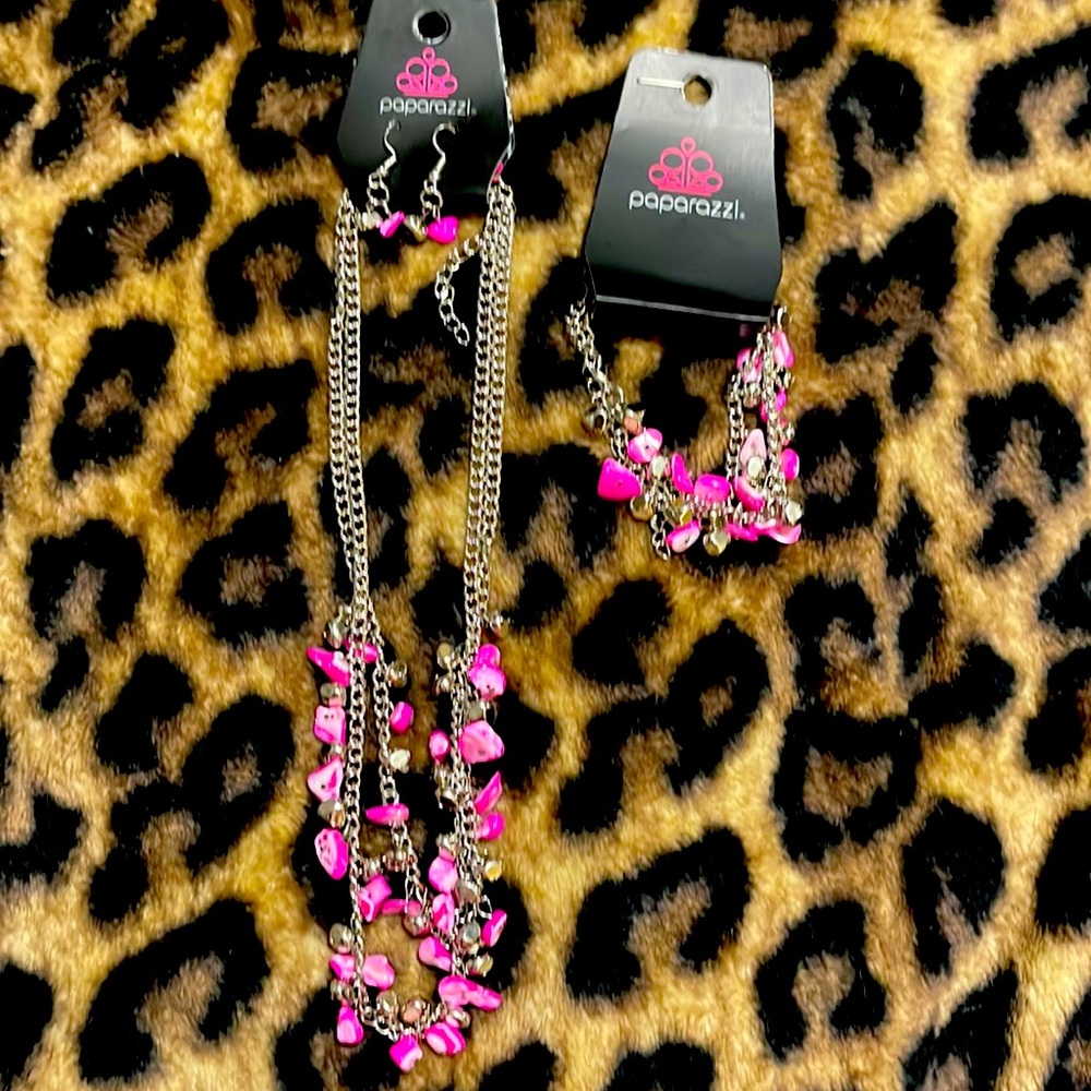 Paparazzi Pink Stone Necklace w/ Matching Bracelet and Earrings